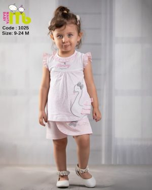 بلوز شورت دخترانه یقه چین دار گلدوزی قو صورتی مهتا مدل 1025