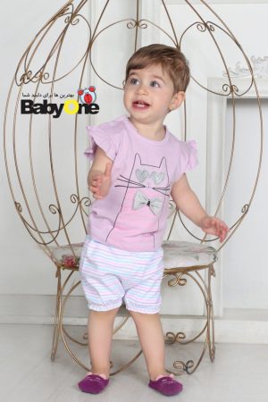 بلوز شورت بی بی وان طرح گربه پاپبون یاسی کد 210