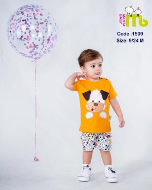 تیشرت شلوارک نارنجی گلدوزی سگ مهتا کد 1509
