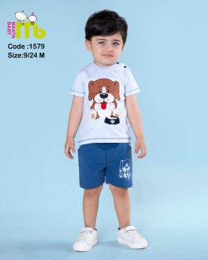 بلوز شورت آبی طرح سگ مهتا کد 1579