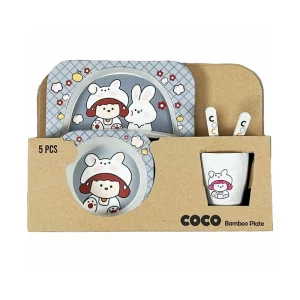 سرویس غذا خوری 5 پارچه کودک بامبو مربع کوکو طرح دختر و خرگوش